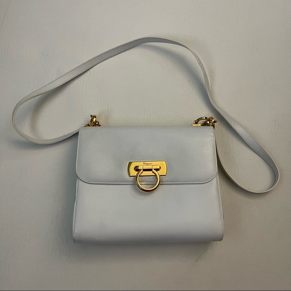 Salvatore Ferragamo Handbags - Salvatore Ferragamo White Vintage Gancini Lock Chain Flap Leather Shoulder Bag